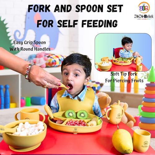 Image of Silicone Baby Bib with Spoon and Fork Set | Waterproof Adjustable Bib & First Stage Feeding Utensils for Infants & Toddlers | Soft Silicone Spoon for Baby 6 Months+, 1 Set, Mango Yellow