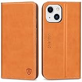 SHIELDON Case for iPhone 13 Mini 5G, Genuine Leather Wallet Folio Case Magnetic Closure RFID Blocking Card Slots Kickstand Full Protection Case Compatible with iPhone 13 Mini (5.4', 2021) - Brown