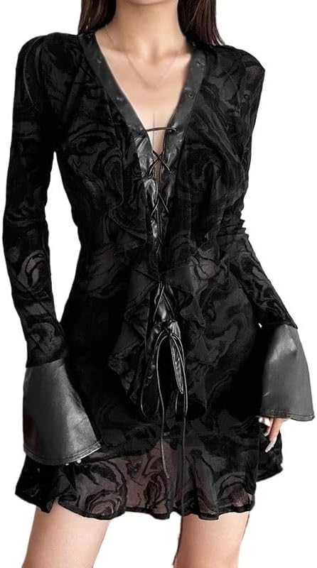JSEIAJB Black High Waist Tight Dress Fashion V Neck Long Sleeves Versatile Dress
