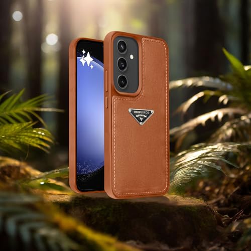 Image of Vaku Luxos Nyxen Back Cover Case for Samsung Galaxy S23 FE Premium Leather Stitched Soft Shockproof Protective TPU Phone Case Camera Screen Protector- Brown