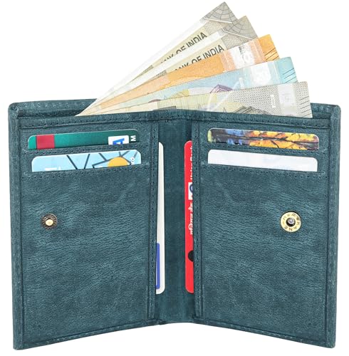 Image of WildHorn RFID Protected Genuine Leather Wallet for Men I 4 Card Slots I 2 Slip Pockets I 1 Currency Compartment (Blue Hunter)