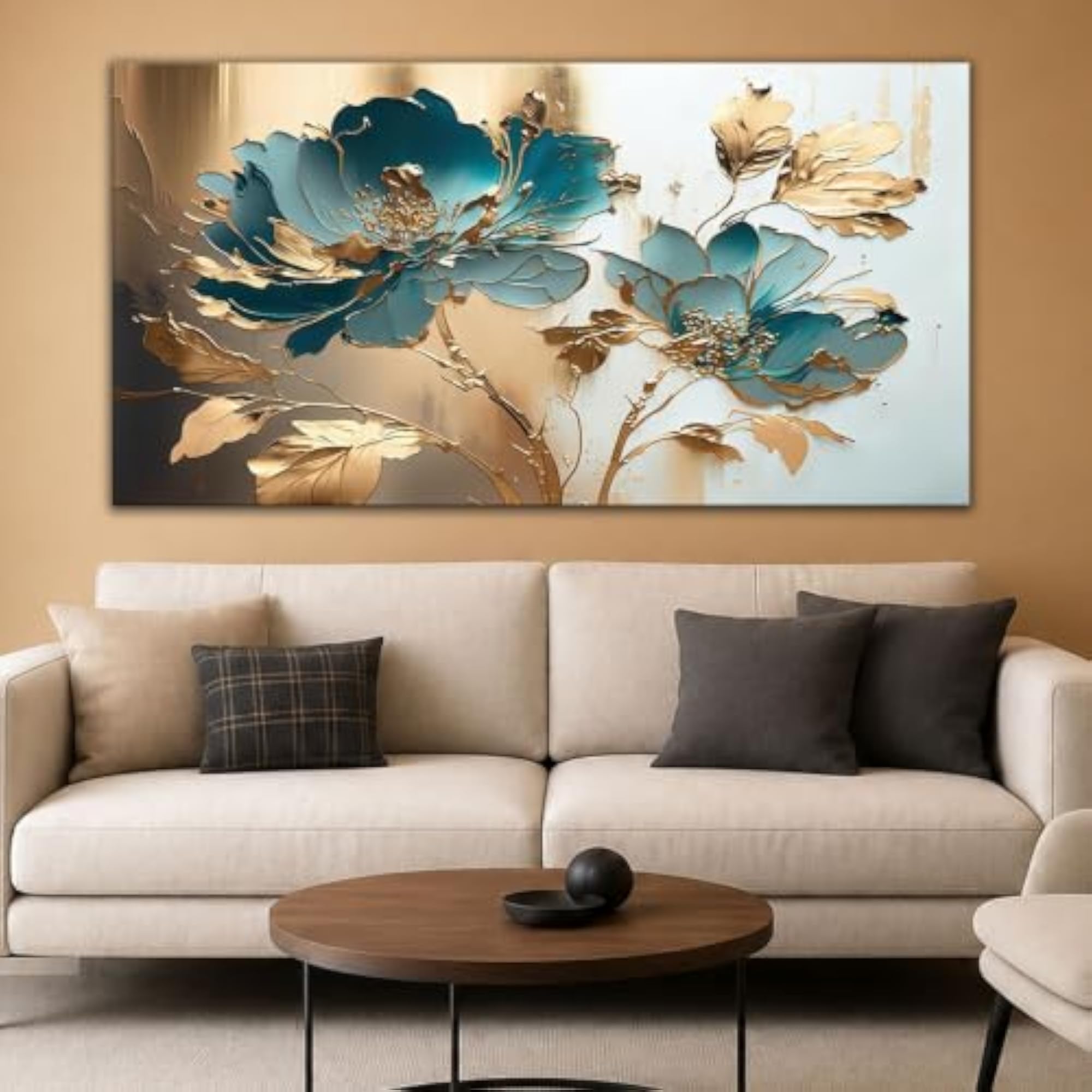 3D-Textured Teal Blue and Gold Floral Canvas Wall Art