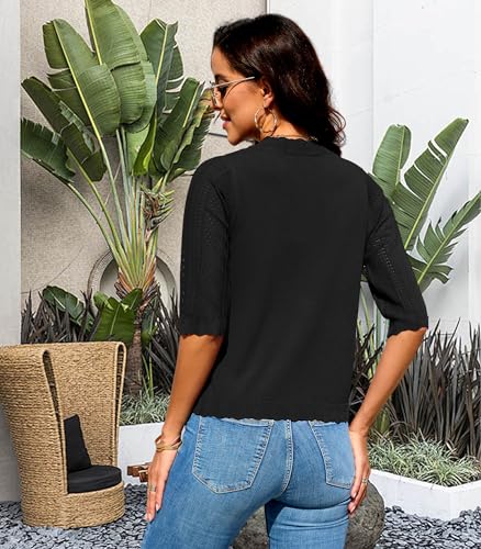 2024 Cropped Cardigans for Women 3/4 Sleeve V Neck Knit Sweaters Short Sleeve Open Front Bolero Shrug3