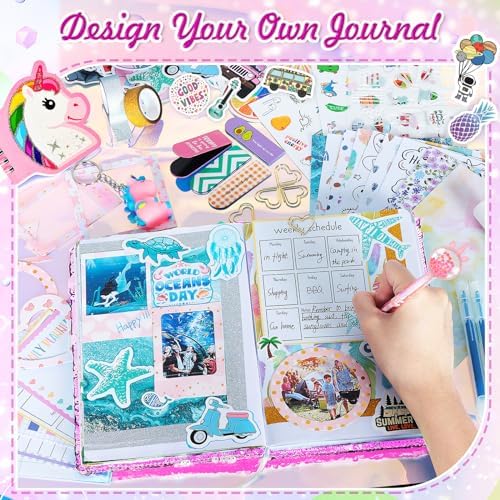 Unicorn DIY Journal Set, 100+PCS Sequin Scrapbook & Diary Supplies Set, Arts and Crafts Kits, Personalized Diary Stuff for Teens, Great Gift for 8-14 Year Old Girl (Pink)
