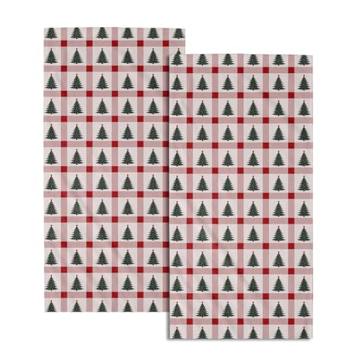 Red Buffalo Plaid Tree Print Hand Towel Set of 2 Soft Absorbent Merry Christmas Tree Holiday Xmas Tea Towels Baking Cooking Wash Cloth for Bathroom Kitchen Bar Beach Gym Spa Decor 14x28 Inch