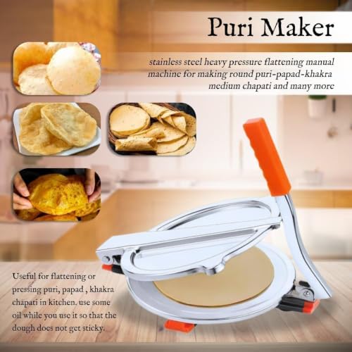 Image of 1pc Stainless Steel 6.5 Inch Roti & Puri Maker Press - Manual Hand Press Roti Maker with Handle for Chapati, Papad & Khakhra Heavy Duty Cast Iron with Stainless Steel Plates (Pack of 1)