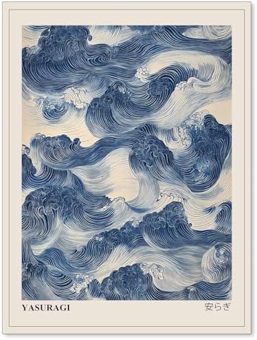 Japanese Blue Waves Wall Art Vintage Oriental Japandi Wabi Sabi P...