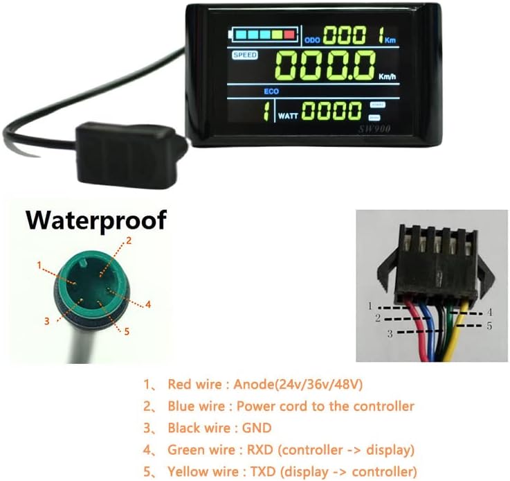 Detailed wiring diagram for mGYDY SW900 Ebike LCD Display 5-pin connector.