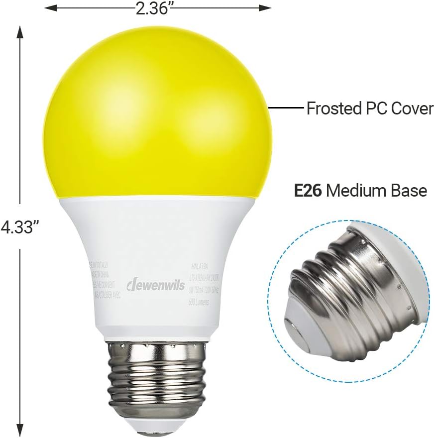 DEWENWILS LED Light Bulbs Outdoor, A19 Yellow Light Bulb, 9W(60W Equivalent), 600LM, 2400K Amber Glow, Non-Dimmable, E26 Medium Screw Base, UL Listed, 4 Pack
