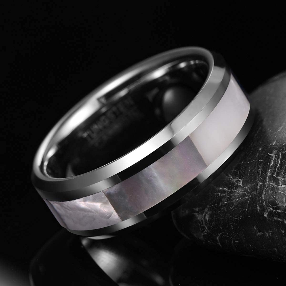 VAKKI 8mm Tungsten Wedding Ring for Men Women Natural Abalone Shell/Mother of Pearl/Lapis Lazuli Inlay Promise Ring Beveled Edge Comfort Fit Size 6-14