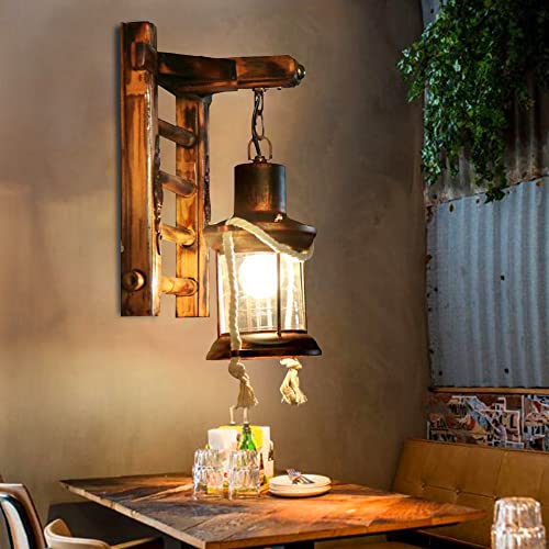 Lfoute Retro Drewniana Lampa ścienna E27 Antyczna Przemysłowa Lampa ścienna Rustykalny Szklany Klosz Salon Jadalnia Oświetlenie Wewnętrzne Restauracja Bar Kawiarnia Korytarz Loft Lampy,a