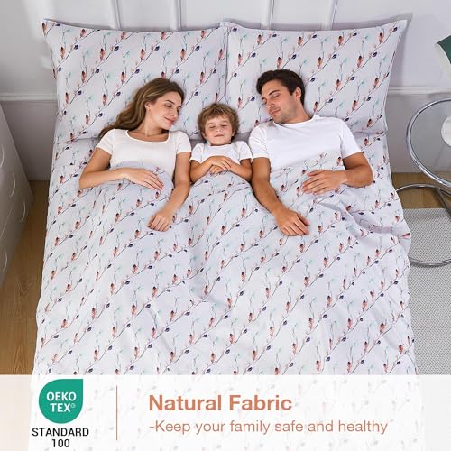 Image of Softan Floral Twin Sheet Set, 3-Piece Cozy Microfiber Pastel Blooms Printed Fitted Bed Sheet with 15 inch Deep Pockets & Non-Slip Straps, Feather Patterned Sheets & Pillowcase Set