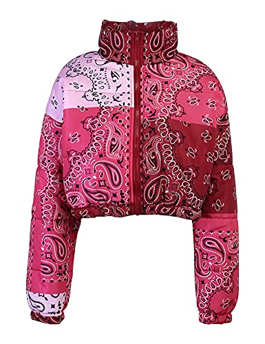 Arssm Women s Y2K Quilted Puffer Jacket Winter Bandana Print Full Zip Long Sleeve Warm Crop Bubble Coats (Red, X-Small)