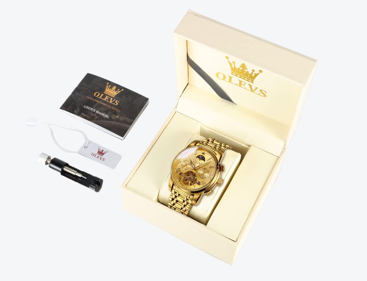 Watch package contents including the OLEVS watch, user manual, and strap adjustment tool