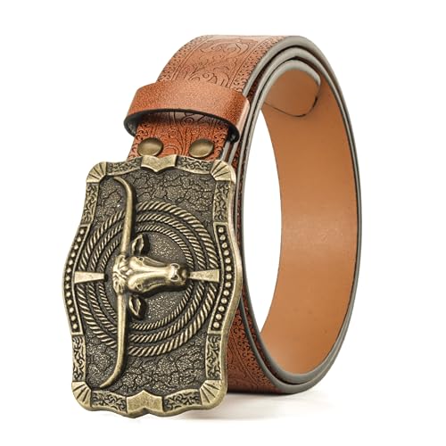 Image of Western Cowboy-Belts for Men Big-Buckle Longhorn-Bull PU-Leather Rodeo Cowgirl-Belt Engraved Floral - Waist 25-38 inch