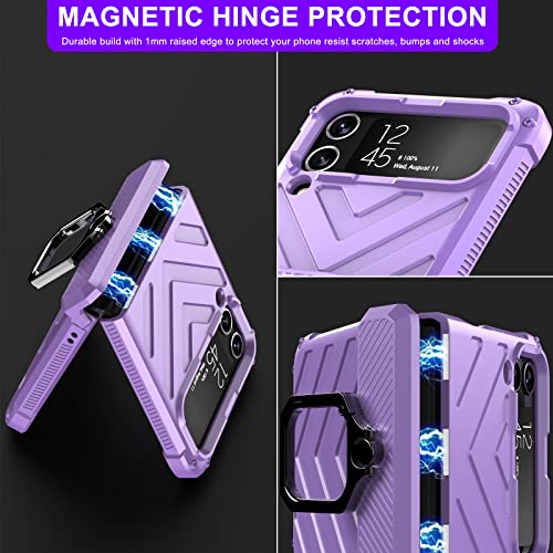 Flokinice Compatible For Samsung Galaxy Z Flip 4 Case, Military Grade Protection Shockproof Rugged Protective Case With 360°Rotate Ring Stand (Purple) #TOP2