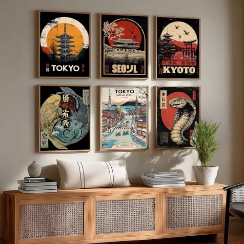 Image of HOTHOUSE Aesthetic Japanese Nature and City View Wall Framed Posters | Japanese Nature and City View Framed Poster for Living Room Bedroom Gaming Room Studio Wall Decor Set Of 6 (13X17 inch)