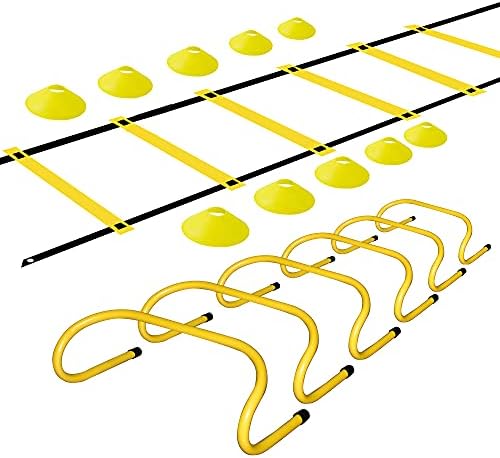 TNZMART Yellow Sports Speed Agility Training Set Agility Ladder Hurdles Set Equipped with 10 Disc Cones