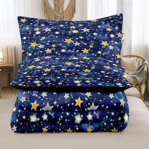 Image of NINENINE Galaxy Star Comforter Sets, Dark Blue Glowing Star Space Bedding 5PCS Twin Size Comforter Sets for Boys Teens (1Comforter, 1Flat Sheet, 1Fitted Sheet, 2Pillowcases)