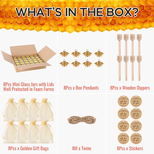 AuroTrends Mini Honey Jars with Dipper 1.5oz 8Pack, Empty Hexagon Honey Jars for Baby Shower Favors/Wedding Favors/Party Gifts- Mini Glass Jars with Gold Lids