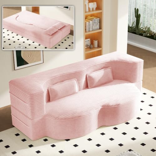 78" Folding Sofa Bed, Twin Size Futon Boneless Couch, Baby-pink Corduroy
