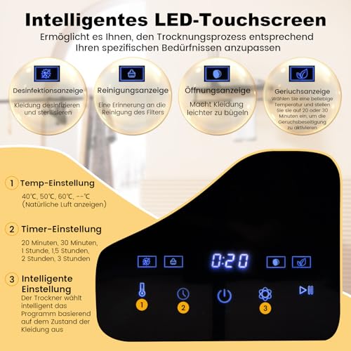 COSTWAY Mini Wäschetrockner 5KG, bis zu 69℃, LED Touch-Screen, Ablufttrockner mit Desinfektion & Desodorierung & Überhitzungsschutz, Mehrfachfiltration, 4 Temperaturen und 6 Timer, 800W