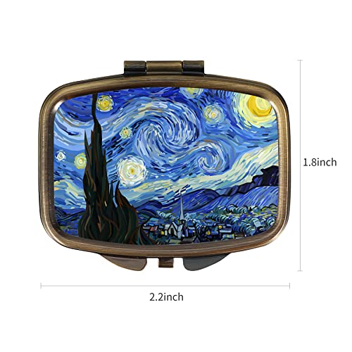 Dynippy Pill Case Pill Box with Mirror Retro Pocket 2 Compartment Medicine Case Vitamin Pill Organizer for Pocket Purse and Travel (A-Van Gogh The Starry Night)