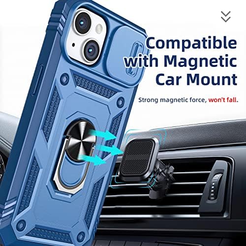 Tzomsze Case Designed for iPhone 14 6.1-Inch with Slide Camera Cover, Heavy Duty Protective Shockproof Case Cover with [Ring Holder Kickstand] & [2 x Glass Screen Protector] for iPhone 14 6.1'', Blue