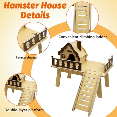 Hamiledyi Wooden Hamster Platform & House Mouse House with Climbing Ladder Cute Habitat Hut Hideout Small Animals Cage Accessories for Dwarf Hamster Mice Gerbil and Other Similar Sized Animals
