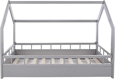 Velinda Kinderbett Hausbett Spielbett Abenteuerbett Einzelbett mit Absturzsicherung (Farbe: grau)