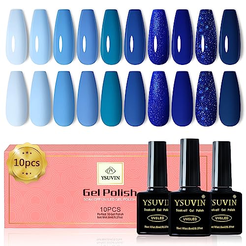 YSUVIN UV Nagellack Blau, 10 Farben Blau Hellblau Marineblau Dunkelblau Glitter Gel Nagellack Soak Off UV Nagel Gel für Anfänger DIY Nail Art Maniküre Salon, Langlebig, 8ML