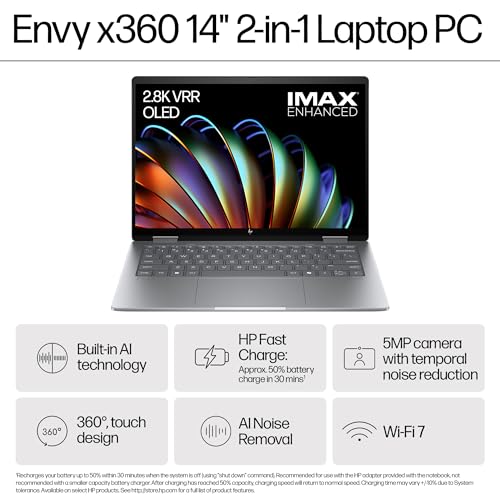 Image of HP Envy x360, Enhanced by AI, AMD Ryzen 7 8840HS,32GB LPDDR5, 1TB SSD, 14-inch (35.6 cm),3K (2880 x 1800),OLED, Radeon Graphics, 5MP IR Camera, Poly Studio (Win 11, MSO 2021, Silver, 1.39kg),fa0986AU