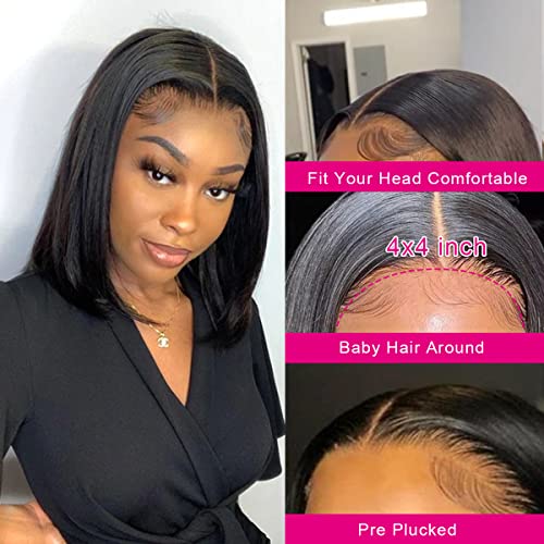 Lichang Wear And Go Short Bob Wig Human Hair 4X4 Closure Bob Wigs Straight Bob Wigs For Black Women Glueless Wigs Pre Plucked With Baby Hair 150% Density Brazilian Virgin Hair Natural Black 10 Inch #TOP3