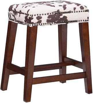 Riverbay Furniture Traditional Backless Counter Stool, 25 in Seat Height, Solid Wood and Rubberwood, Walnut Finish, Brown Cow Print Upholstered Seat, Antique Brass Nailhead Trim, Kitchen or Bar