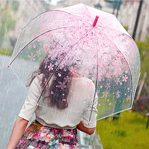 Stick Umbrella, Cherry Blossoms Umbrella Transparent Dome Bubble Romantic Clear Semi-Automatic Sunny 8 Bone Sakura (Pink) #TOP6
