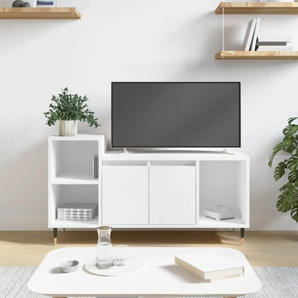 Szafka pod telewizor biała z materiału drewnopochodnego 100 x 35 x 55 cm z 5 półkami, miejscem do przechowywania i drzwiami, nowoczesna szafka pod telewizor do salonu, kina domowego i gier