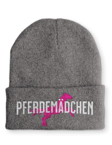 tshirtladen Strickhaube Pferdemädchen mit Pferd Stickerei grau warme Wintermütze elastisch Unisex Polyacryl für Damen Reiterin Reitsport und Freizeit