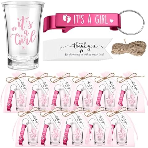 Blushtier 25 Sets Baby Shower Party Favor Shot Glasses Cute Bottle Opener Keychains Thank You Tags and Bags Baby Shower Favors Gender Reveal Party Guests Return Gift (Girl) Cover