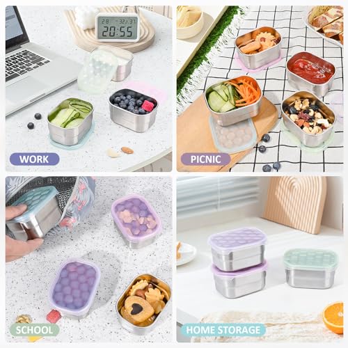 Image of Tanjiae Stainless Steel Lunch Snack Containers Set | Leak Proof 304 Stainless Steel Food Containers with Silicone Lids - Perfect Metal Lunch Box for School and Daycare (Green Lunch, Medium)