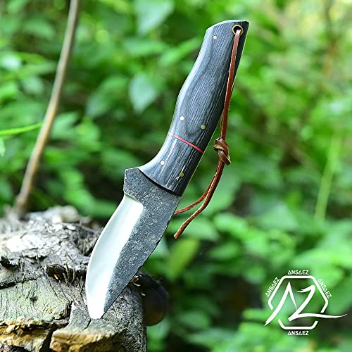Zeasna Ze-Hk-51 Handmade High Carbon Steel Knife With Leather Sheath Outdoor Full Tang Fixed Bushcraft Knife For Hunting Camping Skinning With Lanyard Hole Wood Handle (Black) #TOP7