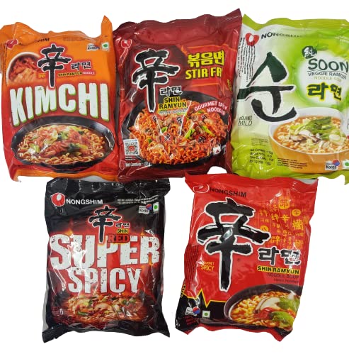 NOTTACIA Shin Ramyun, Red Super Spicy,Stir Fry, Kimchi & Veggie Instant Noodles 120Gm*5Pack (Pack of 5) (Imported), 120 Grams
