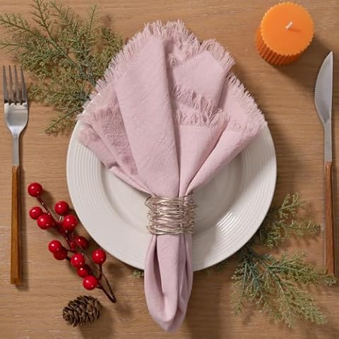 LINXTAR Handmade Cloth Napkins with Fringe 4 Pack 17''x17'' Thick Cotton Linen Napkins Soft Versatile Dinner Table Napkins for Parties Weddings Everyday Use - Dusty Pink Cover