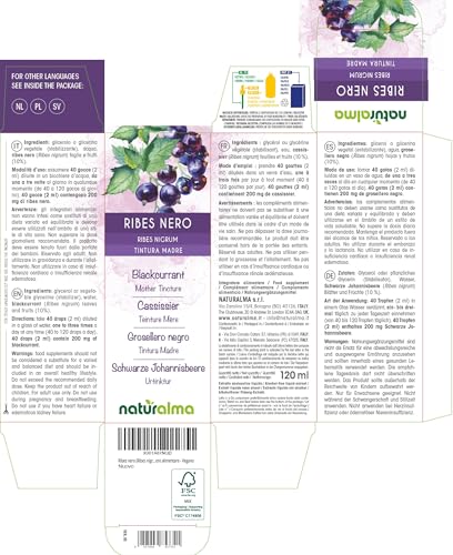 Schwarze Johannisbeere (Ribes nigrum) Blätter und Früchte Alkoholfreier Urtinktur Naturalma - Flüssig-Extrakt Tropfen 120 ml - Nahrungsergänzungsmittel - Veganer