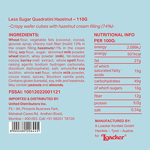 Image of Loacker Less Sugar Quadratini Vanilla Hazelnut, 110G