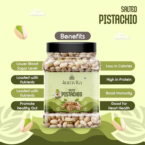 Image of Auravita Premium Roasted & Salted Pistachios 500gm | Crunchy & Flavorful Pista Dry Fruit | Resealable Jar | High in Protein & Fiber | Ideal for Snacking, Gifting