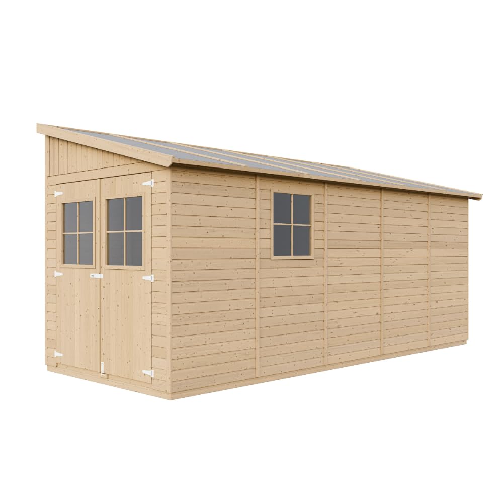 Cobertizo de Madera para jardín con Pared Lateral – H244x218x514 cm/10.1m2 Cobertizo de Madera Natural - Taller de Jardín - Bicicleta, Almacenamiento de Herramientas TIMBELA M341A