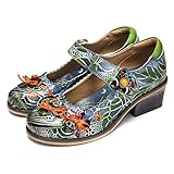  gracosy Damen Pumps Mary Janes mit Blockabsatz Bunte Leder Schuhe Hook Loop Böhmische handgemachte Blumen Mokassins Vintage Party Schuhe Retro Halbschuhe Klassische Wedding Business Schuhe