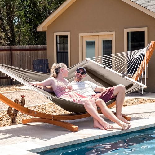 Image of SUNCREAT 2 Person Hammocks for Outside with Stand, Extra Large Double Hammock with Wooden Stand, Brown