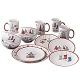 American Atelier Holiday Christmas Round Dinnerware Set – 16-Piece Stoneware Party Collection w/ 4 Dinner Salad Plates, 4 Bowls & 4 Mugs – Unique Gift Idea, 10.5', White/Red