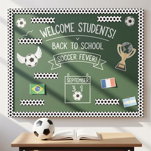 Image of BeYumi Soccer Sport Border Trim - 65ft Back to School Soccer Patterned Straight Rolled Border Trim Black White Football Sports Theme Bulletin Board Set Party School Classroom Chalkboard Wall Decor